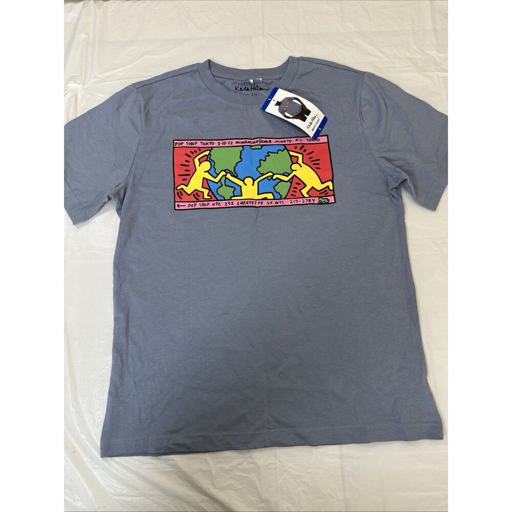 Keith Haring Graphic Print Tee Shirt Men Large Blue Short Sleeve Cotton NWT